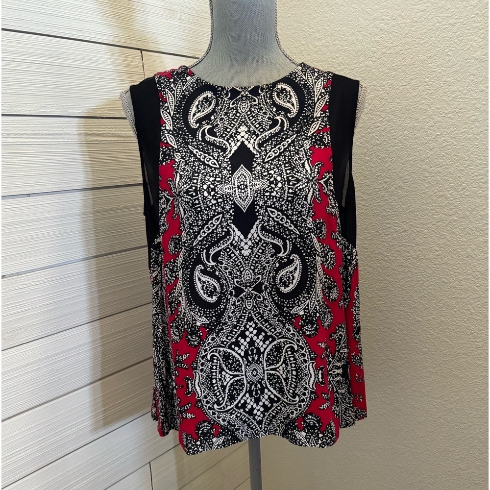 Nicole by Nicole Miller Red Black White Paisley Sleeveless Top